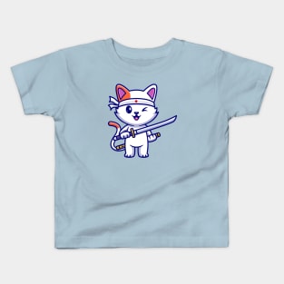 Cute Cat Holding Sword Katana Cartoon Kids T-Shirt